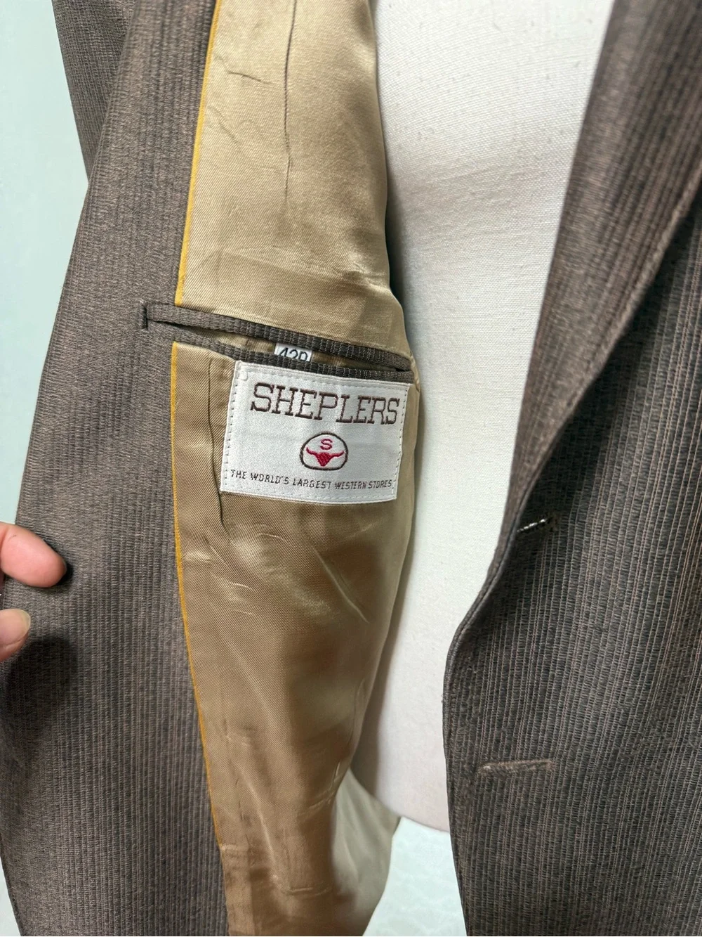 Men's Brown Pinstripe Blazer with Suede Shoulder Panels